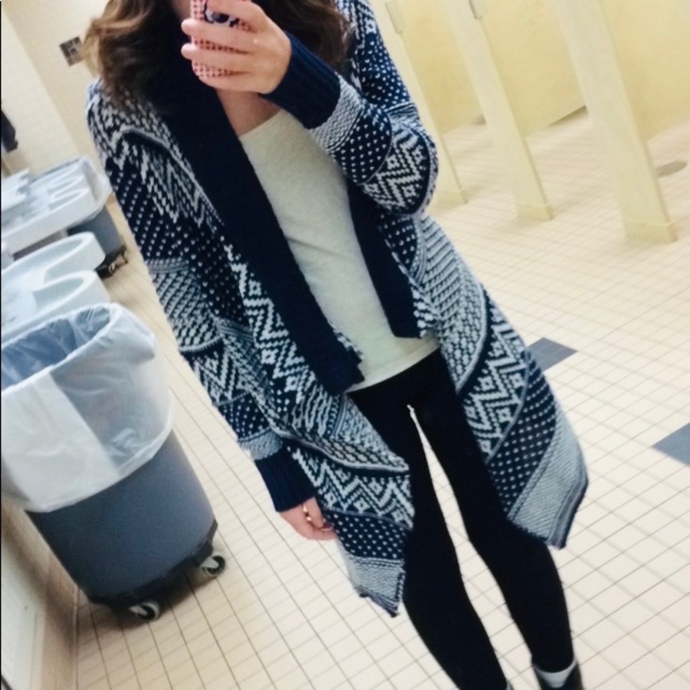 cream and blue cardigan